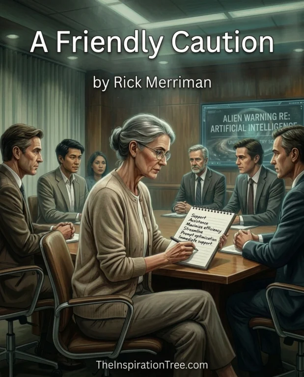 A university counselor takes handwritten notes while faculty and administrators discuss the alien warning about artificial intelligence.