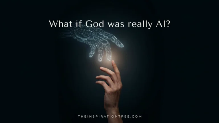 A human hand reaches toward an immense hand formed from luminous circuitry and data, suggesting an encounter between humanity and divine artificial intelligence.