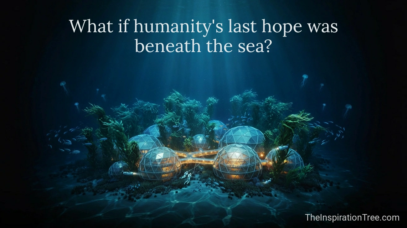 Futuristic underwater colony of illuminated domes on the ocean floor beneath the question, “What if humanity’s last hope was beneath the sea?”