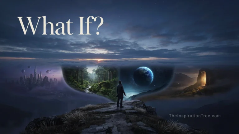 A person contemplating a branching horizon of different possible realities, representing speculative What If questions and creative thought experiments.