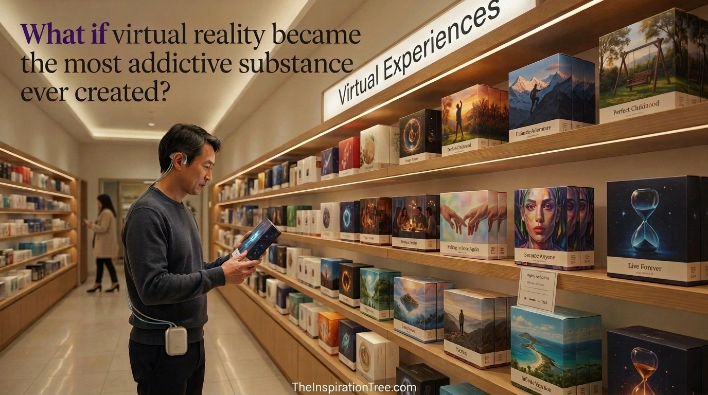 Man choosing among virtual reality experiences as the question asks what if VR became the most addictive substance ever created.
