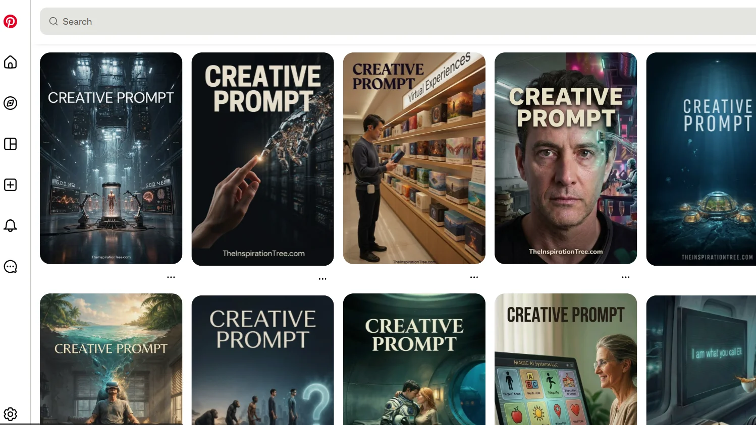 screen showing the many creative prompt from The Inspiration Tree on Pinterest