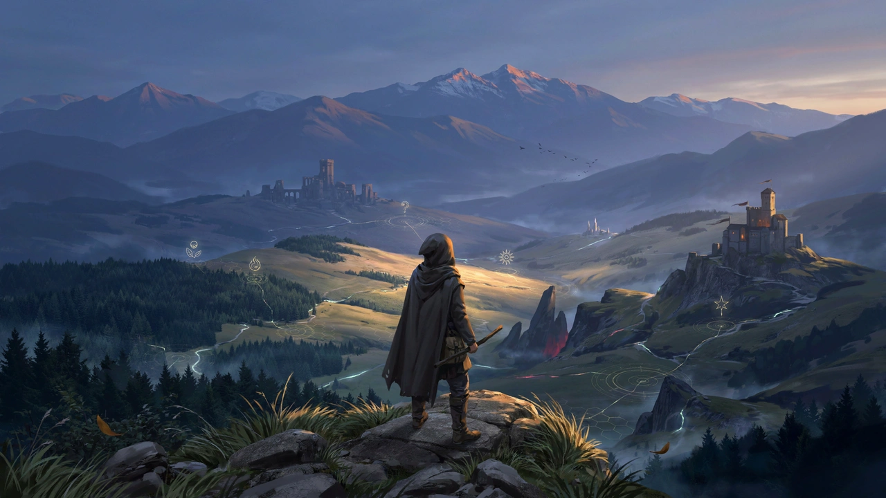 A fantasy traveler overlooking a mysterious constructed world where hidden paths and patterns suggest unseen rules, purposes, choices, and consequences.