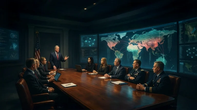 Government and military leaders meet around a conference table as a large world map displays a spreading global crisis.