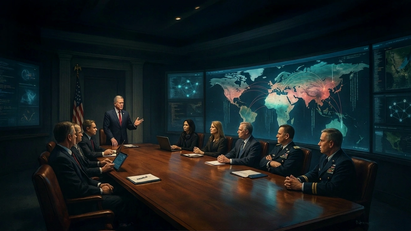 Government and military leaders meet around a conference table as a large world map displays a spreading global crisis.