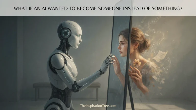 A humanoid AI reaches toward a mirror where its reflection appears increasingly human and surrounded by fragments of personal memories and experiences.