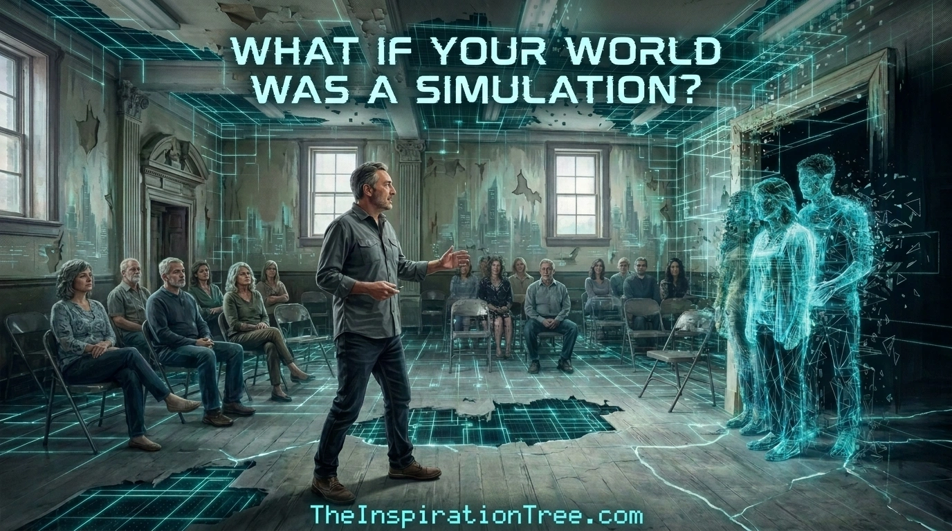 A man addresses a group as their deteriorating room reveals a glowing digital grid and human figures emerging from another simulated reality.
