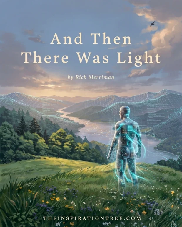 A digitally reconstructed Earth emerges around David Harden with glittering rivers, shifting clouds, forests, and luminous traces of encoded memory.