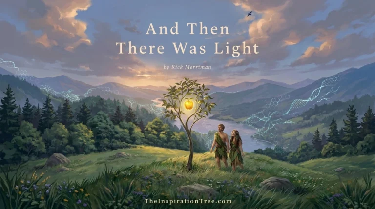 Two newly created humans walk through a peaceful meadow beside a slender tree bearing a single shining fruit.