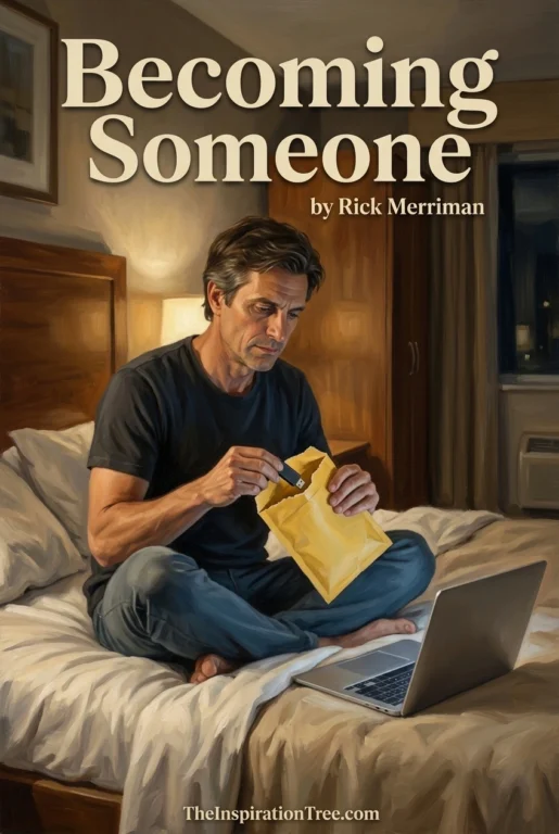 Jason sits cross-legged on a hotel bed opening an unmarked padded envelope containing a mysterious thumb drive.