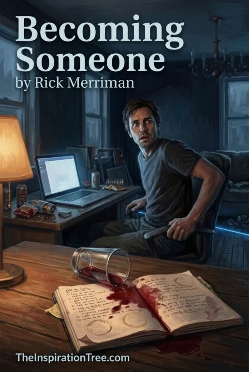Jason jerks upright beside a glowing laptop as spilled red wine spreads across an open notebook in the dark room.