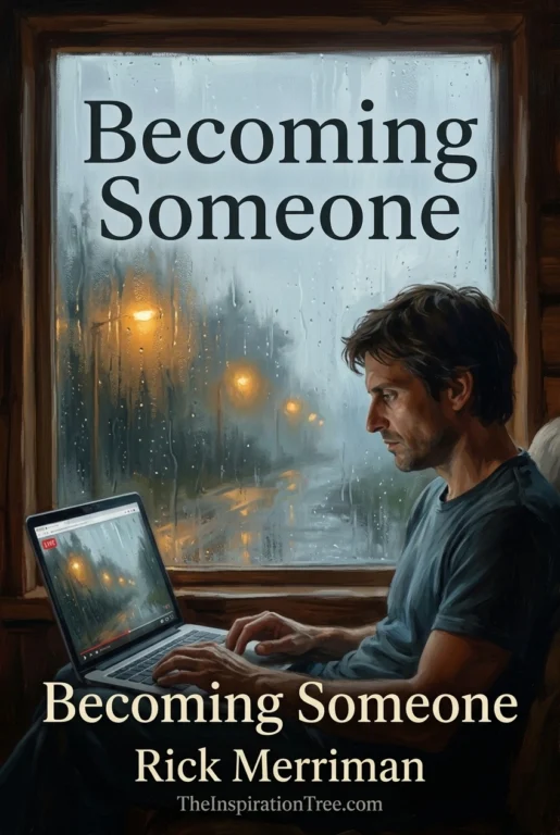 Jason sits beside a laptop facing a rain-streaked cabin window illuminated by misty yellow streetlights.