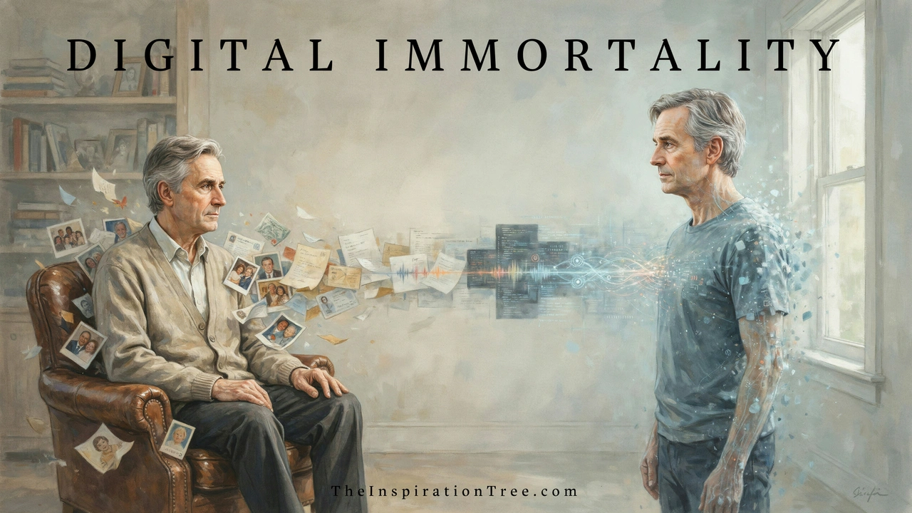 An older person faces a digital version of themselves emerging from photographs, memories, personal records, and neural information representing digital immortality.
