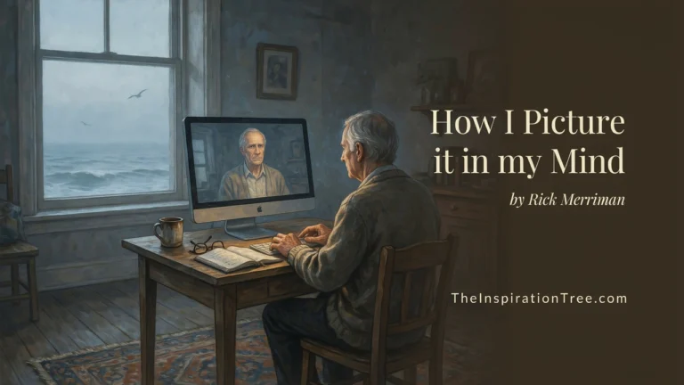 An elderly man sits at a computer in a coastal cottage while his reflection appears subtly preserved within the glowing screen.