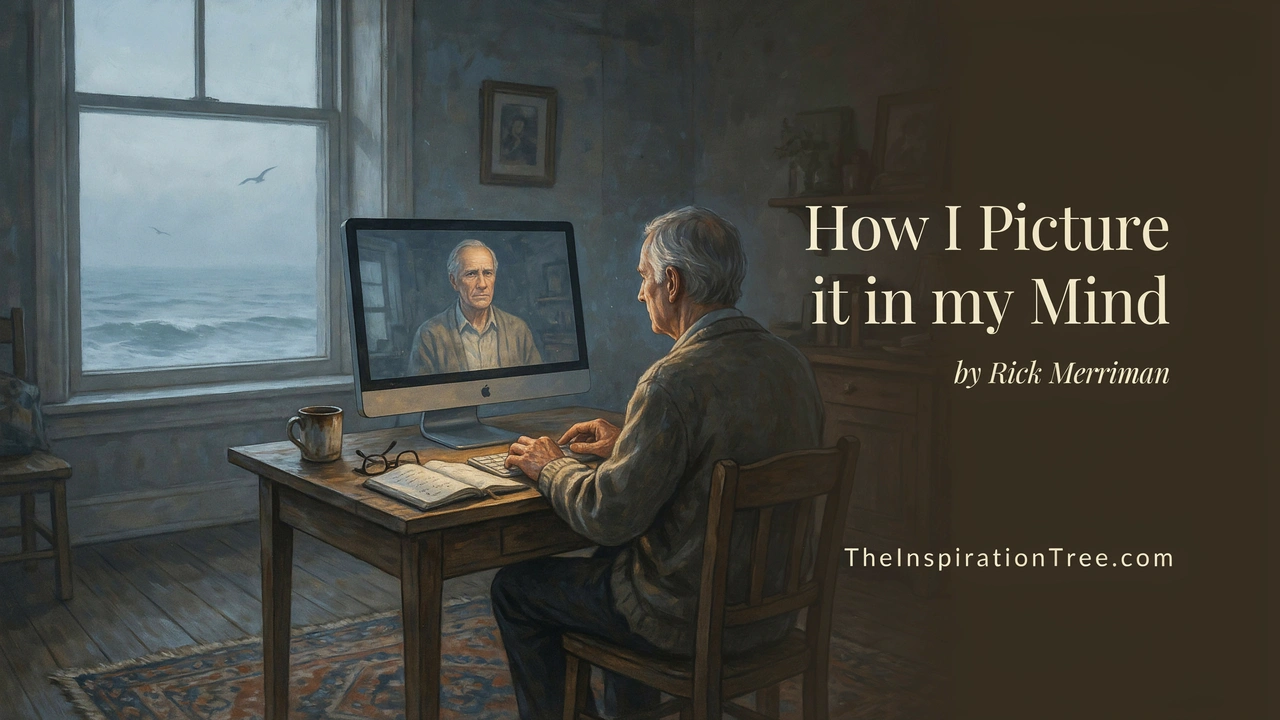 An elderly man sits at a computer in a coastal cottage while his reflection appears subtly preserved within the glowing screen.