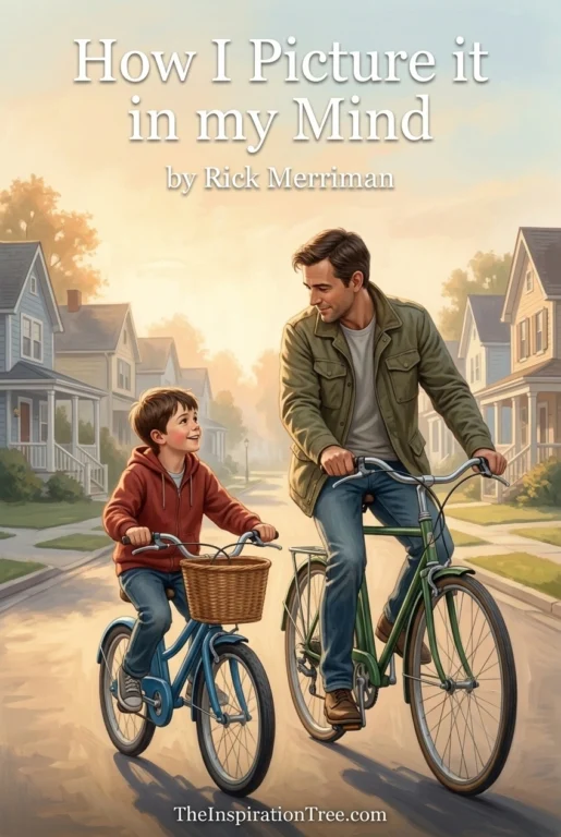 A younger Peter rides bicycles with seven-year-old Simon, who pedals a blue bicycle with a basket.