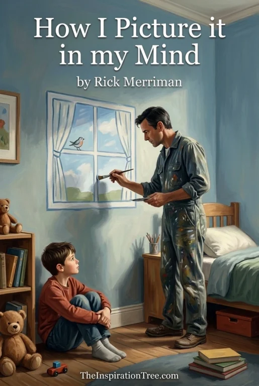 A younger Peter paints a blue-and-white window with curtains and a bird on his young son's bedroom wall.