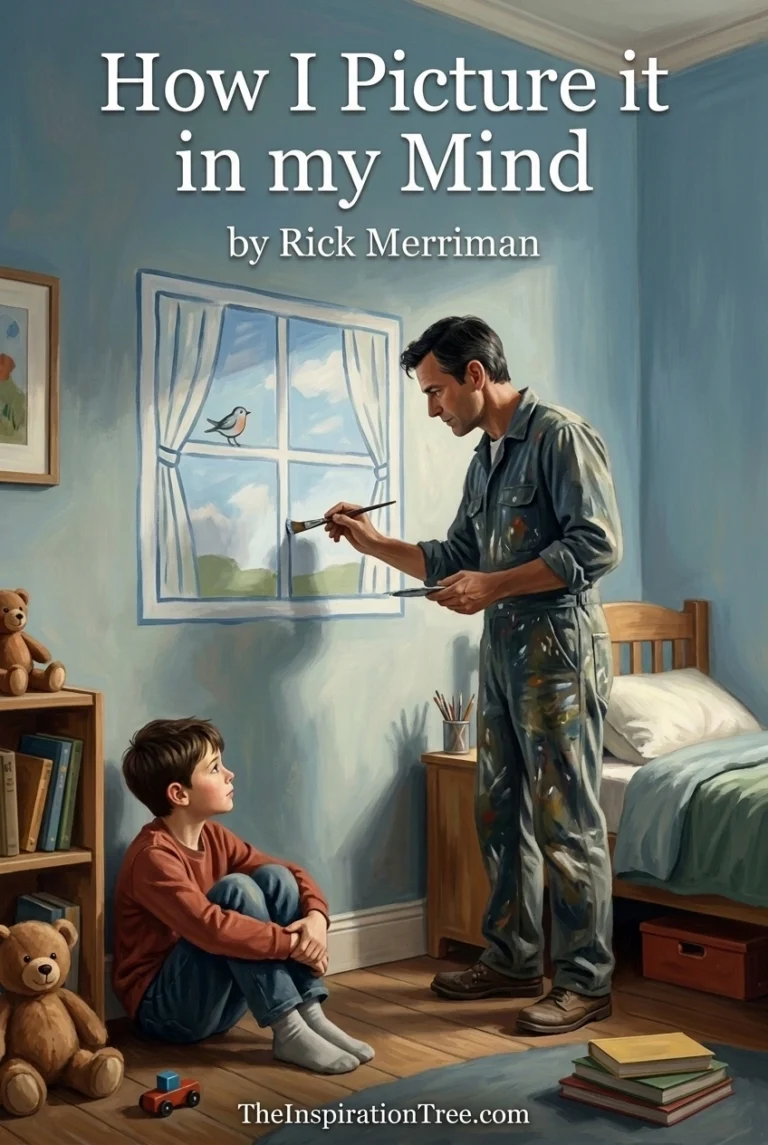 A younger Peter paints a blue-and-white window with curtains and a bird on his young son's bedroom wall.