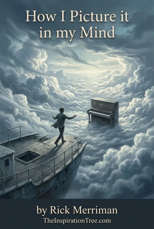 Peter walks across the deck of a ship suspended above clouds toward an old piano playing by itself.