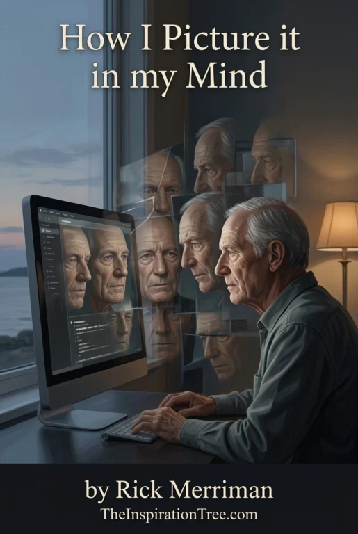 Elderly Peter sits at his computer while overlapping reflections of his face appear across the monitor and nearby window.