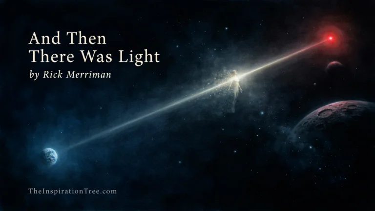 A human silhouette dissolves into a brilliant beam of light traveling from Earth across deep space toward a distant world.