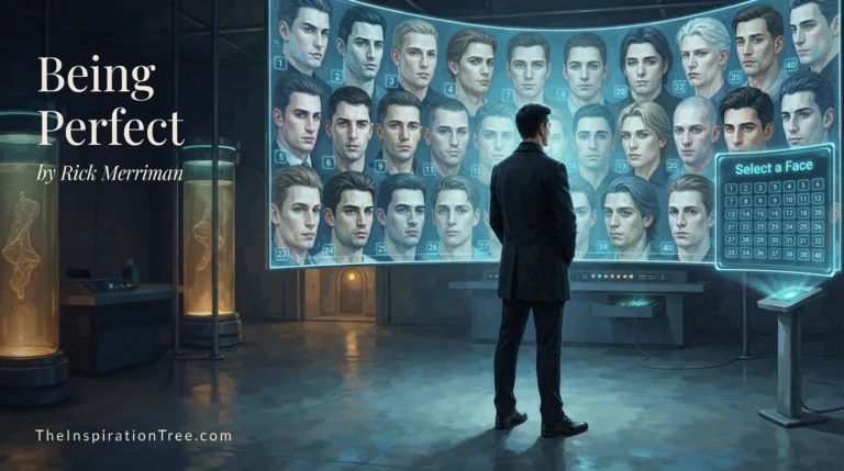 A man studies multiple perfected versions of his face on a transparent display inside a futuristic morphological studio.