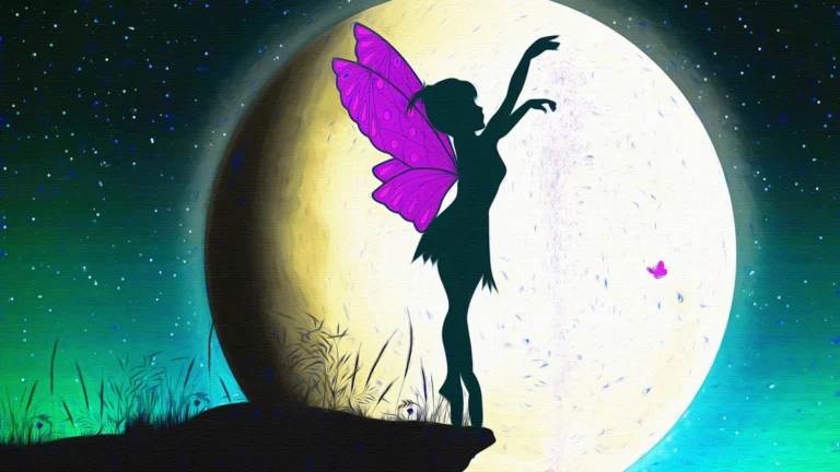 Silhouette of a winged faerie with vivid pink wings standing before a massive full moon beneath a star-filled night sky.