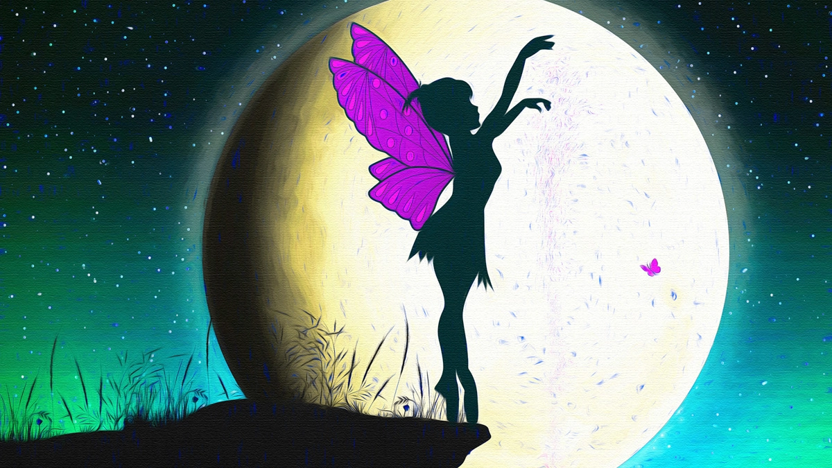 Silhouette of a winged faerie with vivid pink wings standing before a massive full moon beneath a star-filled night sky.