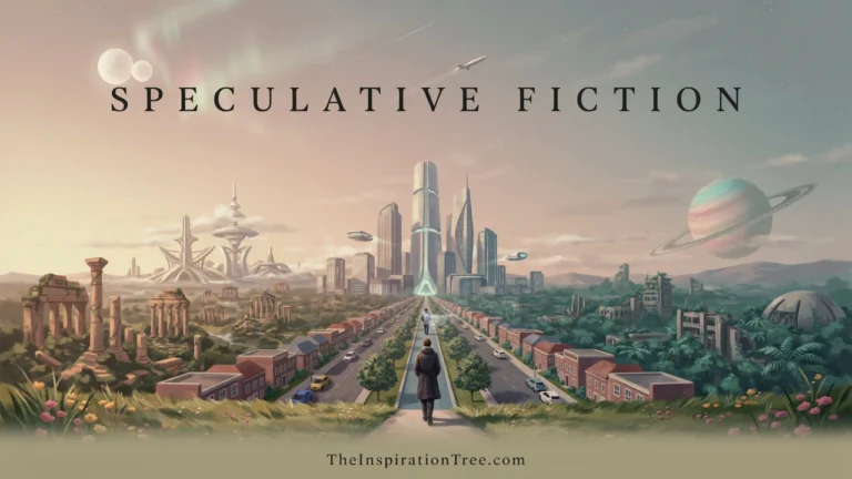 A familiar landscape branches into futuristic cities, strange planets, fantasy architecture, alternate realities, and other imagined worlds representing speculative fiction.